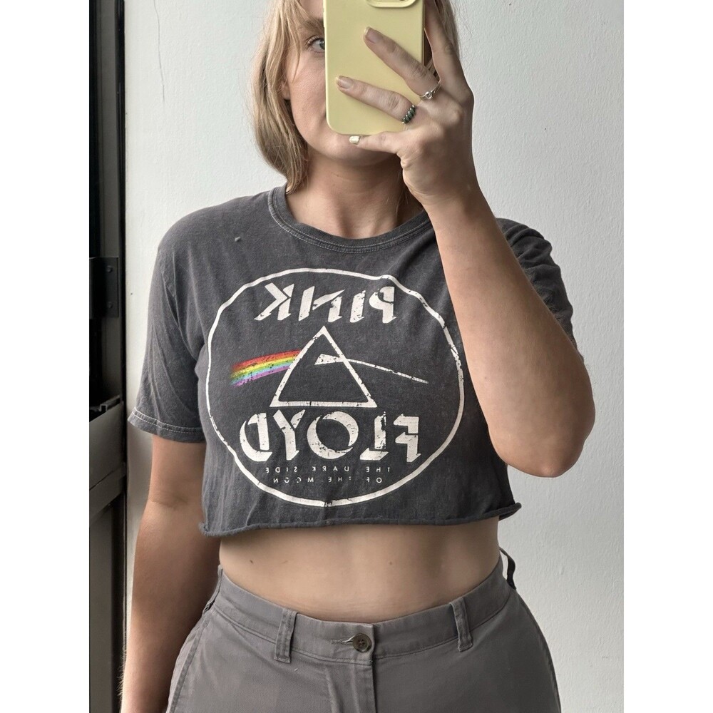 Pink Floyd Dark Side of the Moon Graphic Cropped Gray Crew Tee Shirt Size S